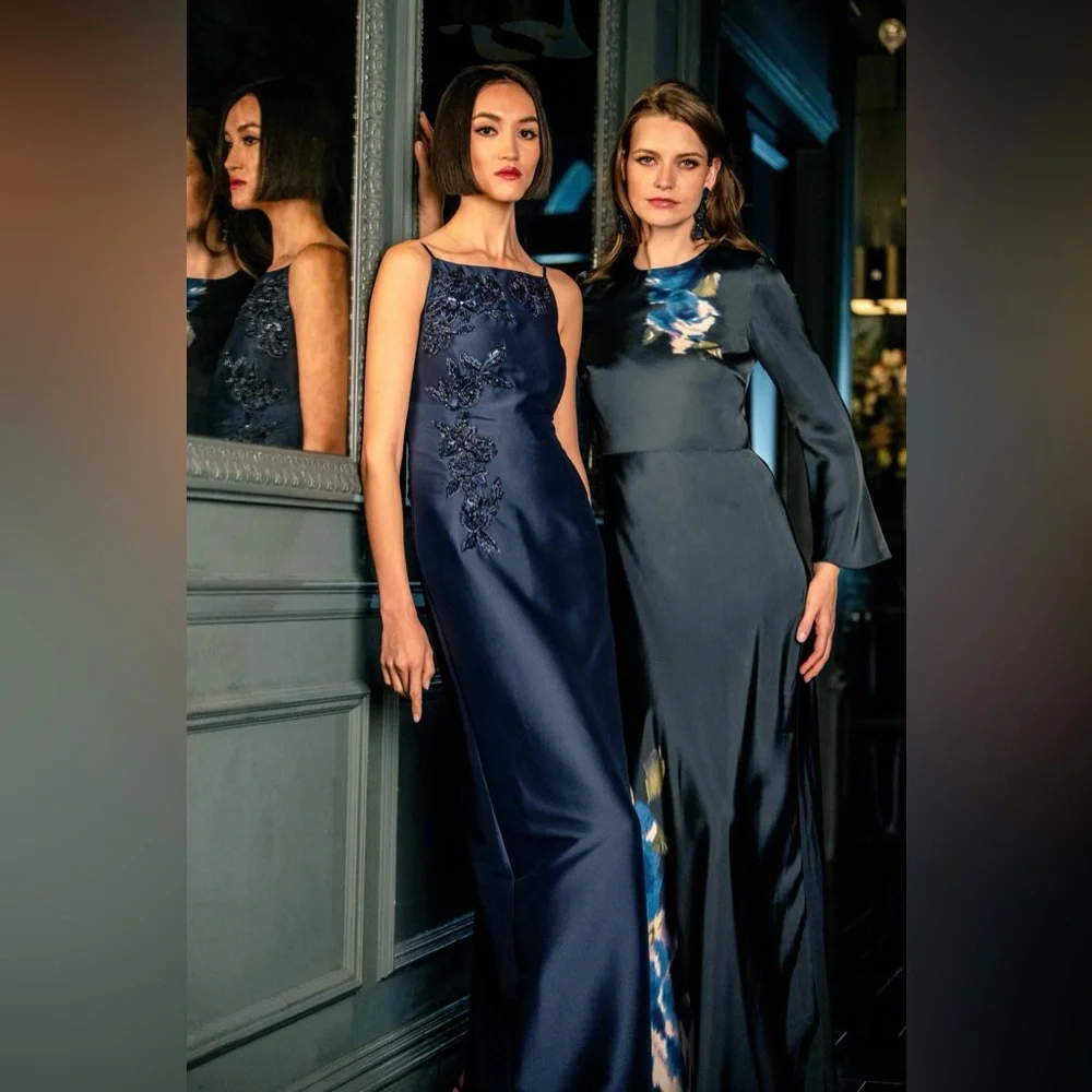 Sachin & Babi Alex Gown in Midnight Corsage Navy Blue Floral Satin Dress Size 14 - Picture 12 of 17